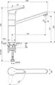Küchenarmatur von Ideal Standard mit hohem Rohrauslauf und Bedienhebel, abgebildet mit Maße und technischen Details. Verstellbarer Auslauf und Montageelemente sichtbar.